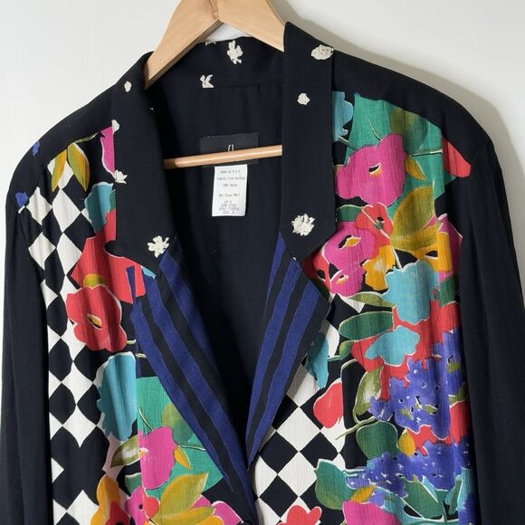 VTG 90s Carole Little Mixed Media Print Blazer Sz 8 German Rayon Artsy Floral - Picture 3 of 13